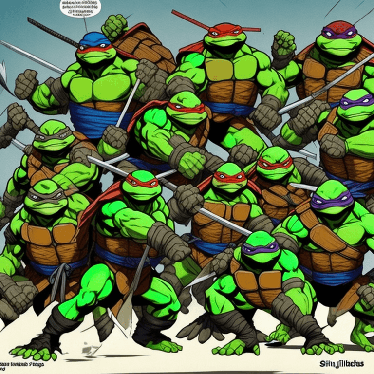 AI generated: ninja turtles figthing vs group of shinobis
