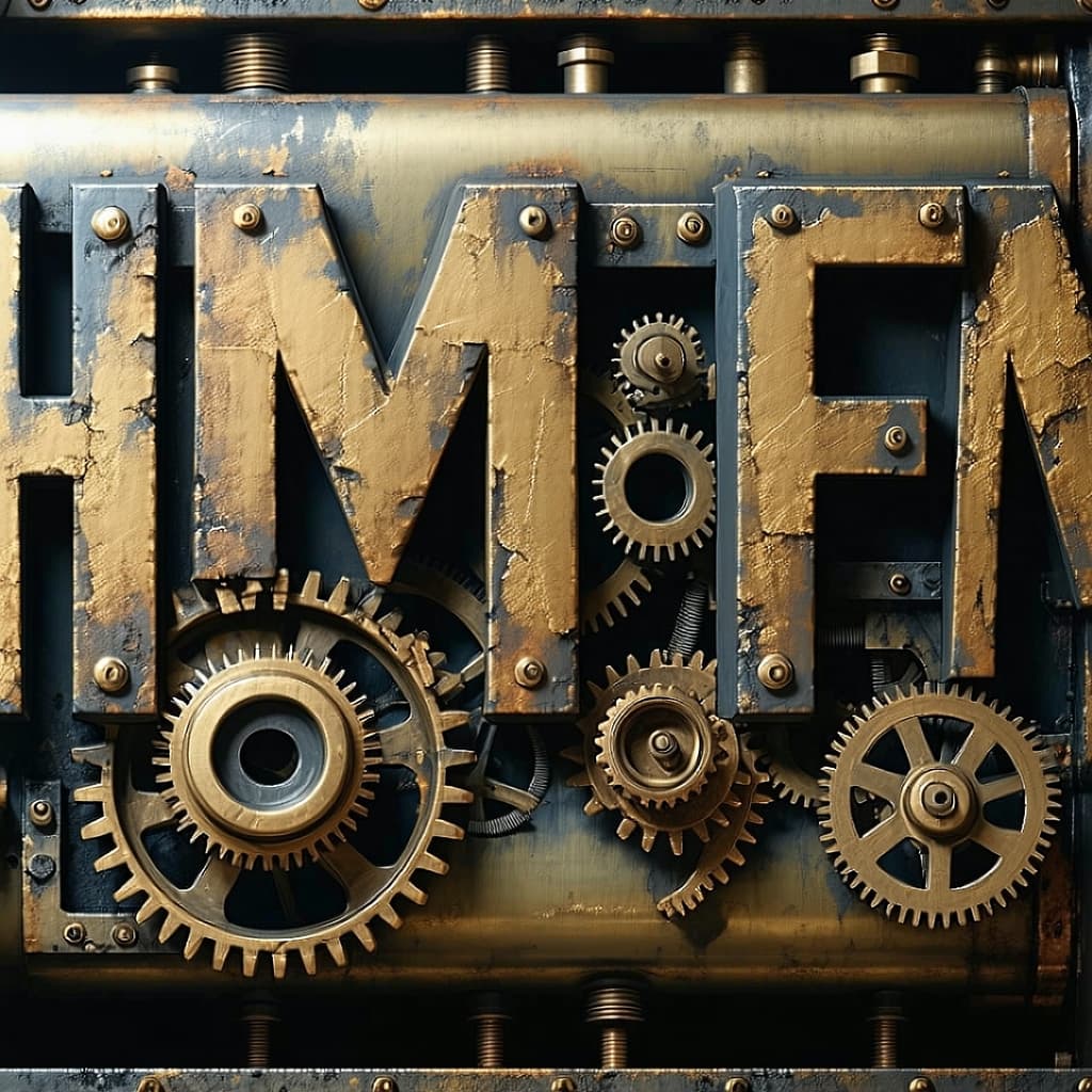 AI generated: Steampunk "HMFM" metal letters with gears and steam, vintage brass texture, dark industrial backgrou...