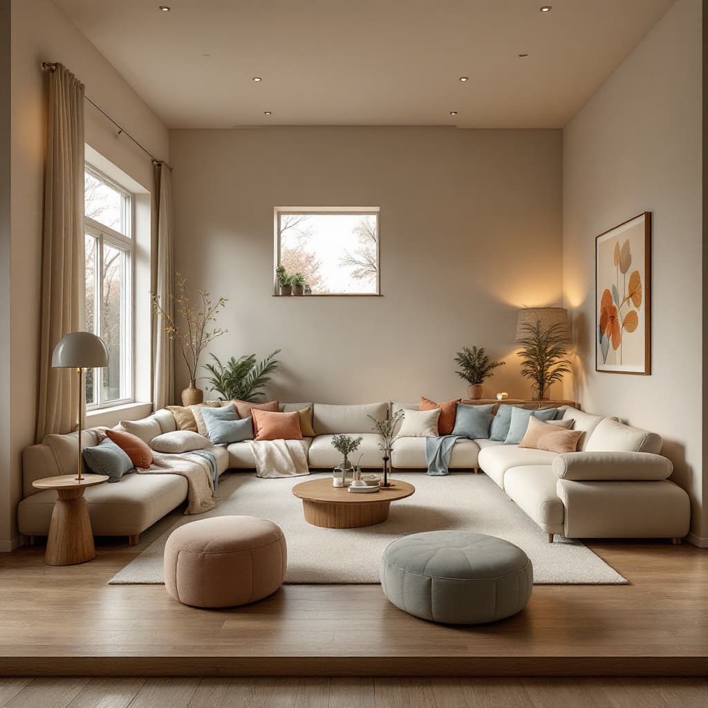 AI generated: High resolution photography interior design, dreamy sunken living room conversation pit, wooden floo...
