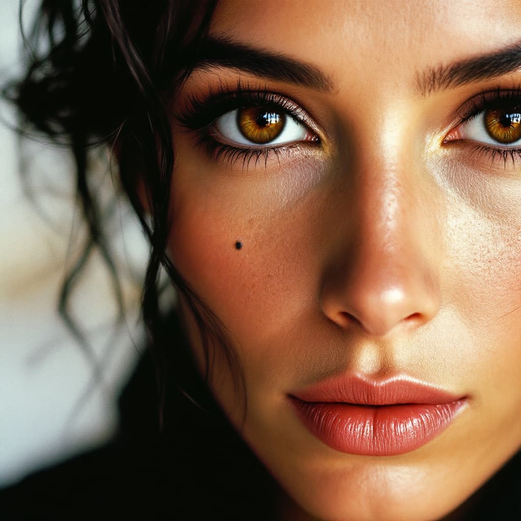 AI generated: A close-up color portrait of Eva Mendès, the woman's face highly detailed, with a striking Latino lo...
