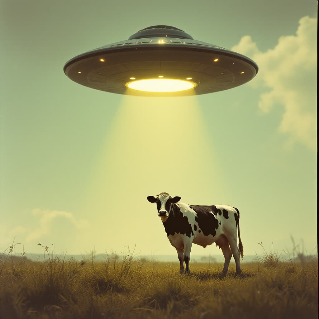 AI generated: low angle A large flying saucer shines down light on  a black and white spotted small cow standing  ...