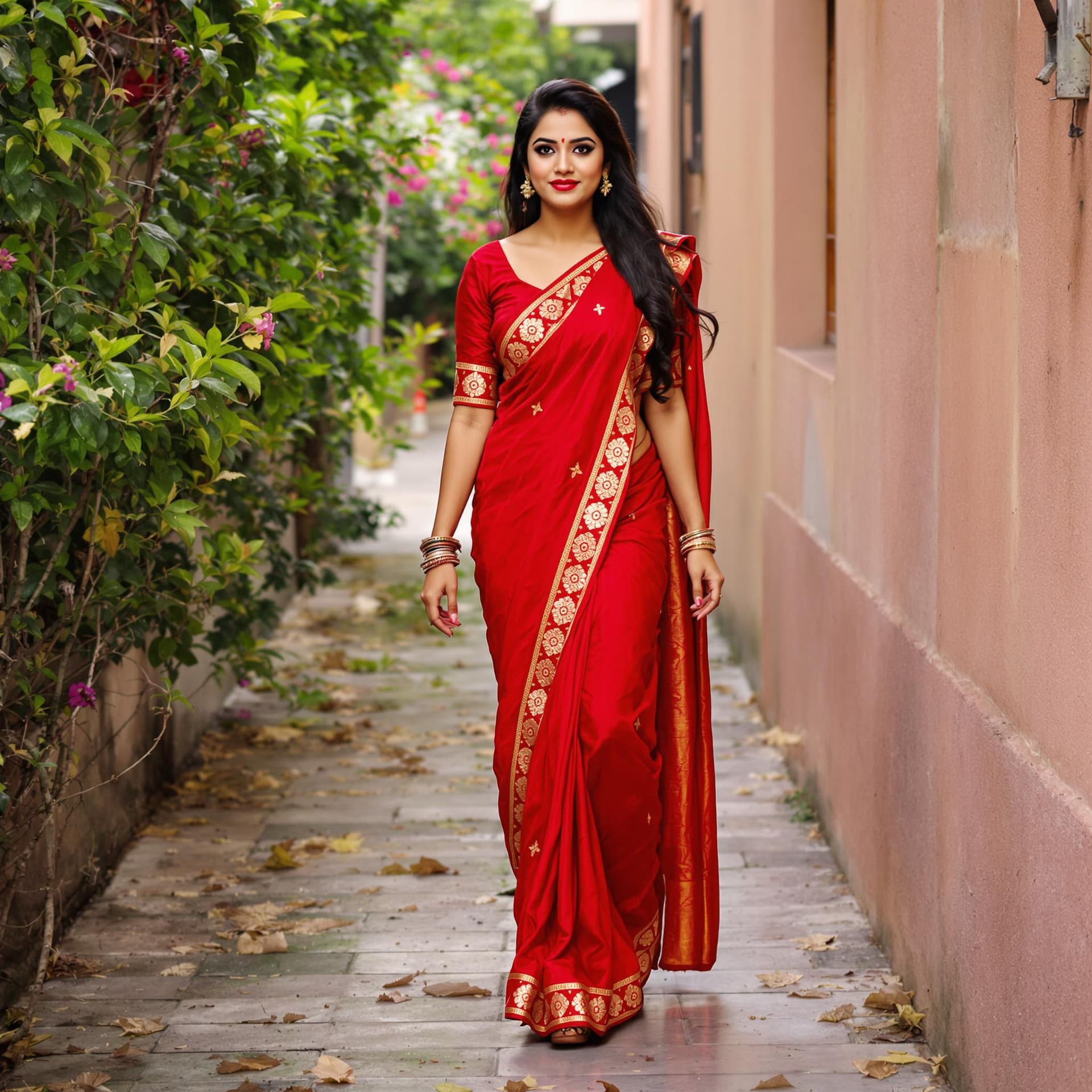 AI generated: a professional photograph of a beautiful young south Indian woman, 24yo, long hair, wearing sexy red...