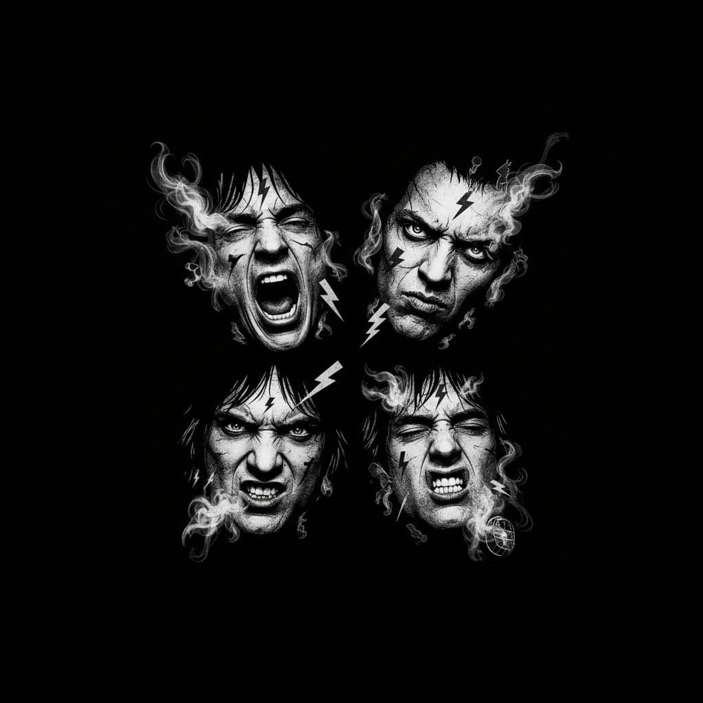 AI generated: A photorealistic depiction of a dramatic Classic Rock-inspired scene, featuring four stylized faces ...