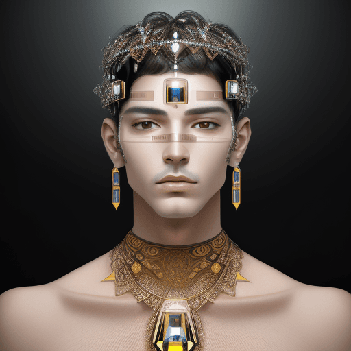 AI generated: portrait of man inspired by gustav klimt, futuristic, front view, symetry, diamonds jewellery around...