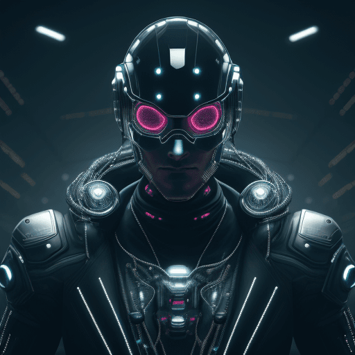 AI generated: Man in a high-tech cyberpunk helmet with a shiny black finish and detailed robotic accents. His face...