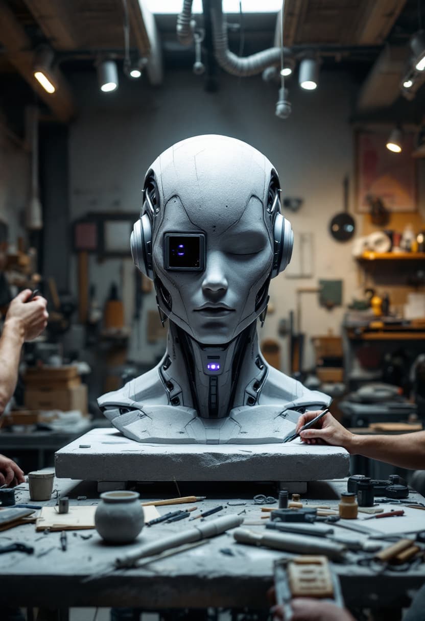 AI generated: A highly detailed cinematic shot capturing a team of artisans from the knees up in a bustling sculpt...