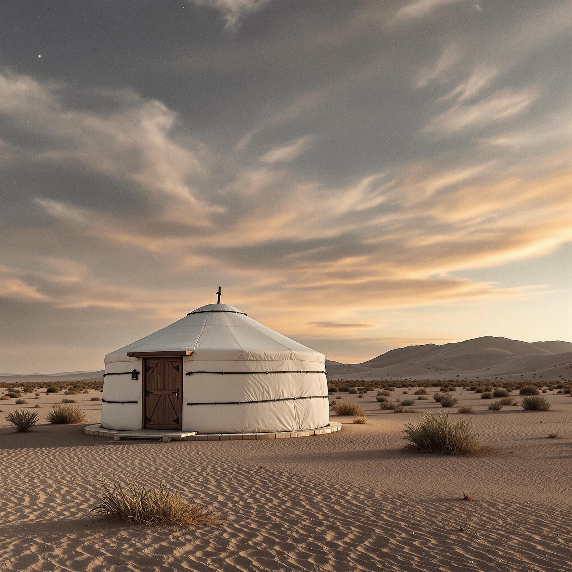 AI generated: Yurt near dombra desert minimalism