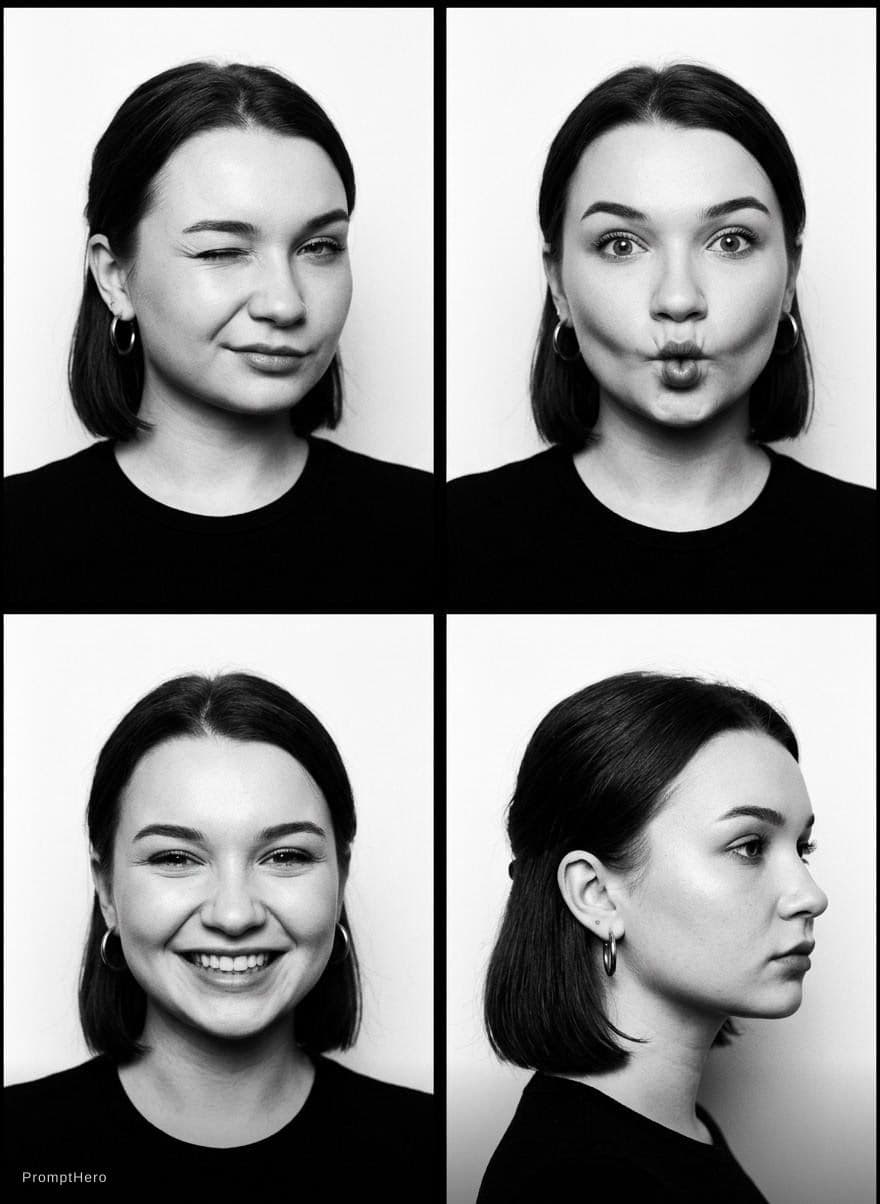 AI generated: Black-and-white minimalist studio contact sheet portrait of a young woman with a sleek dark bob hair...