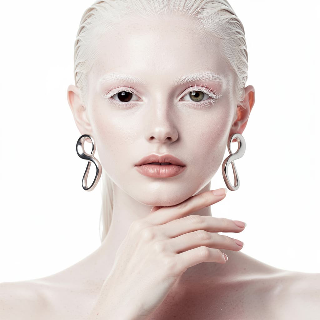 AI generated: Hyper-realistic close-up portrait of a stunning albino woman with porcelain pale skin and natural sk...