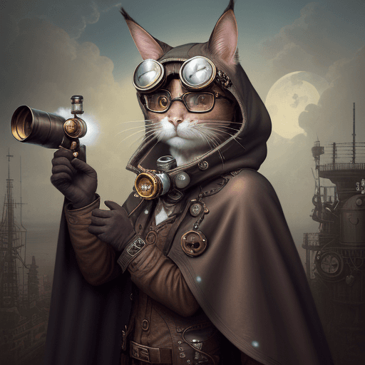 AI generated: Epic hyperrealistic photo of a cat wearing a cloak and goggles, holding a telescope in hand，looking ...