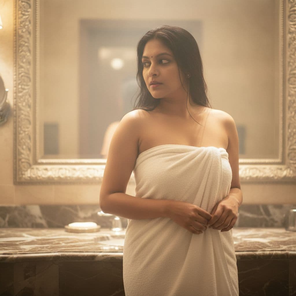 AI generated: In this captivating scene, the uploaded woman is depicted in a bathroom, exuding an aura of both vul...