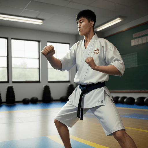 AI generated: A teacher man teaching Taekwondo martial art in the gym in the championship

