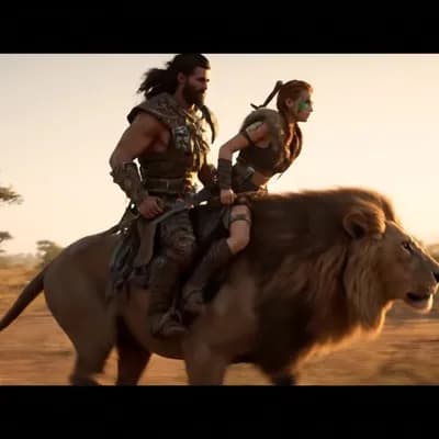 AI generated video: man and warrior woman ride on lion, HD, detailed,