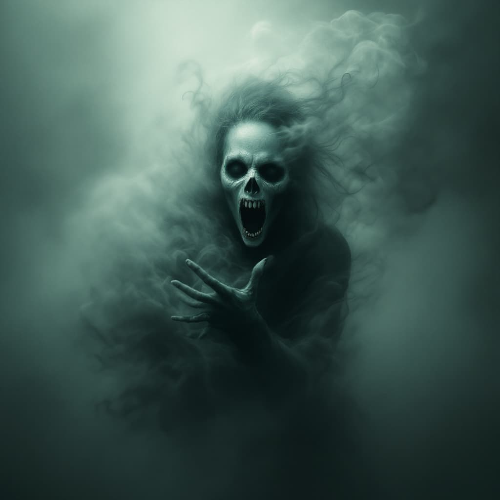 AI generated: scary evil ghost woman made of smoke and mist, panic, living nightmare, digital art, HD, high-qualit...