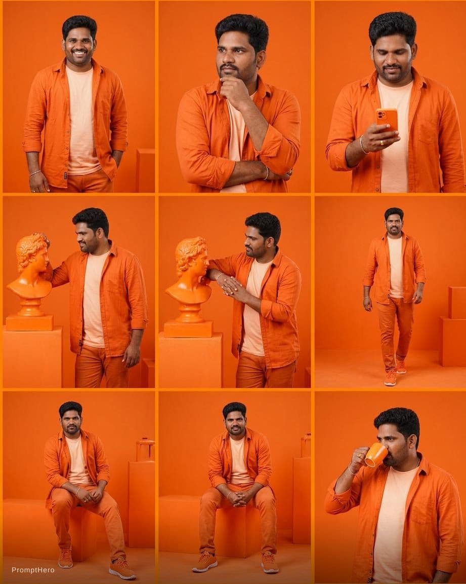 AI generated: A collage of 9 editorial-style photos with an orange color theme.The background,all objects,items,an...