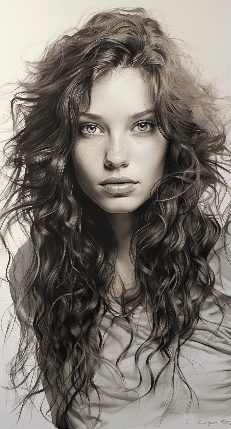 AI generated: a brown pencil drawing of a girl with long hair, in the style of hyper-realistic sci-fi, realistic h...