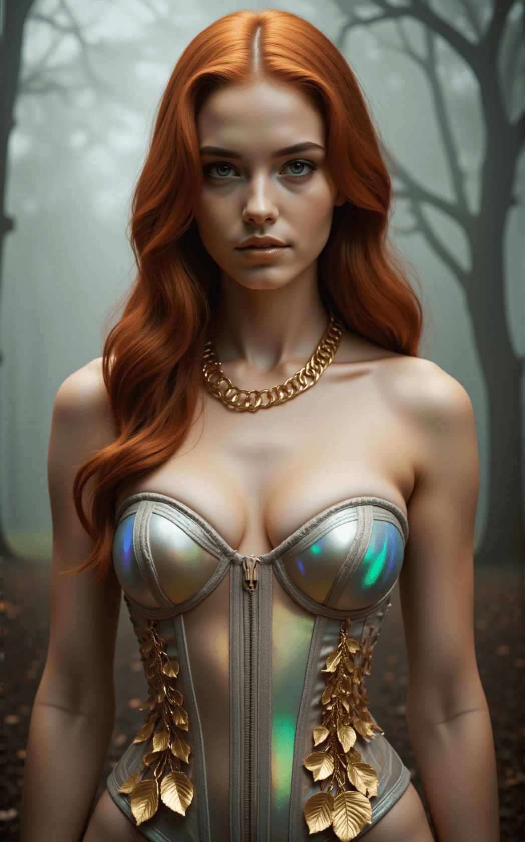 AI generated: A close-up portrait of a stunning young female with cascading fiery copper hair styled in loose, vol...