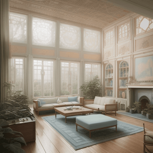 AI generated: High resolution photography interior design, dreamy sunken living room conversation pit, wooden floo...