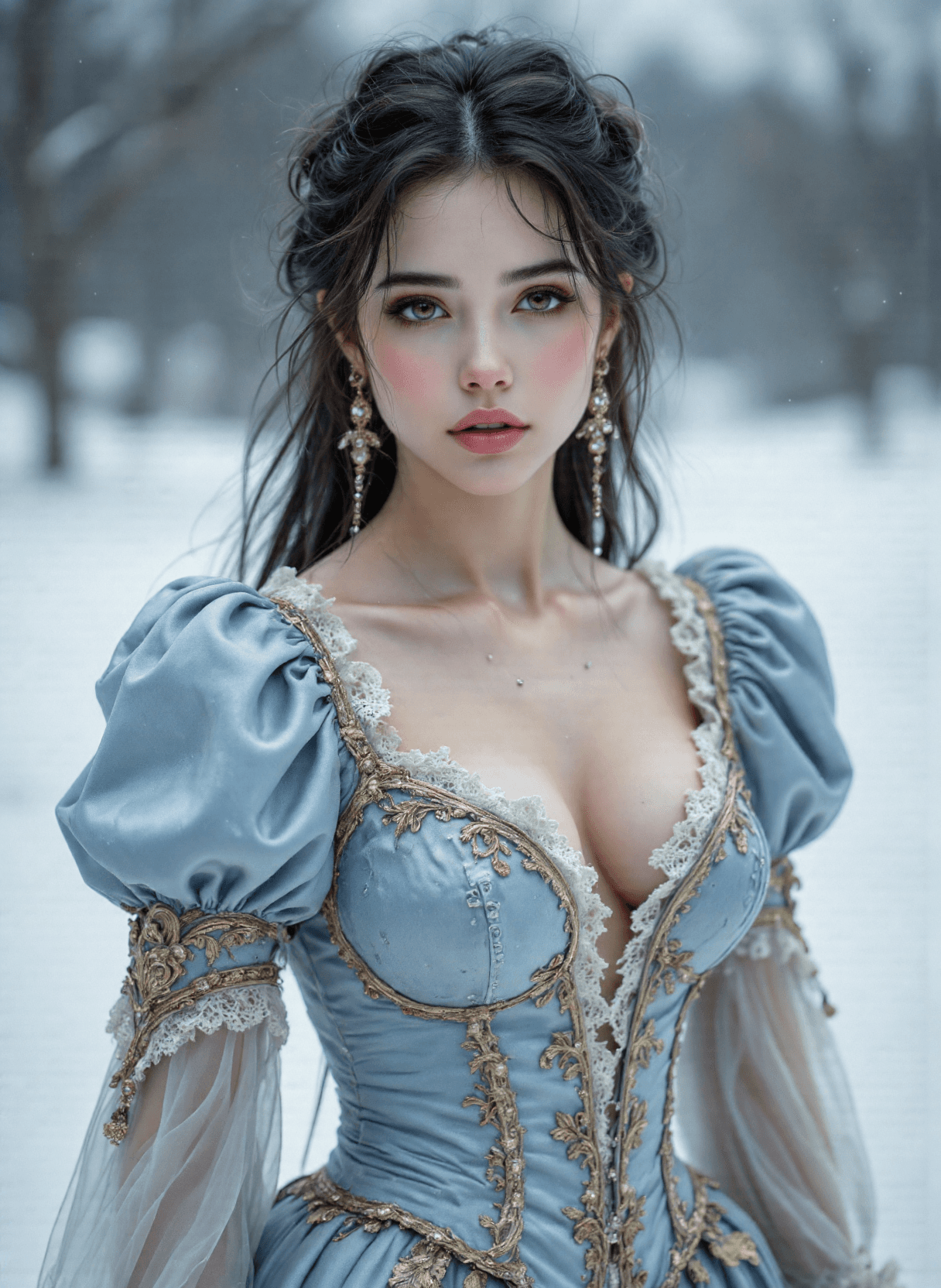 AI generated: The image depicts a woman dressed in an elaborate historical costume. The dress is predominantly lig...