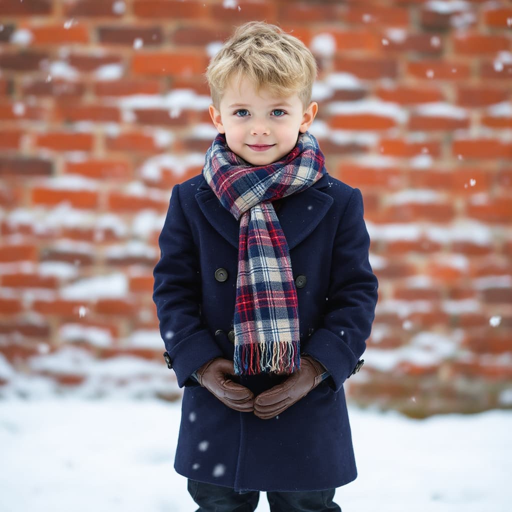 AI generated: A 3-year-old boy wearing a double-breasted navy blue wool coat with a plaid scarf tied neatly around...