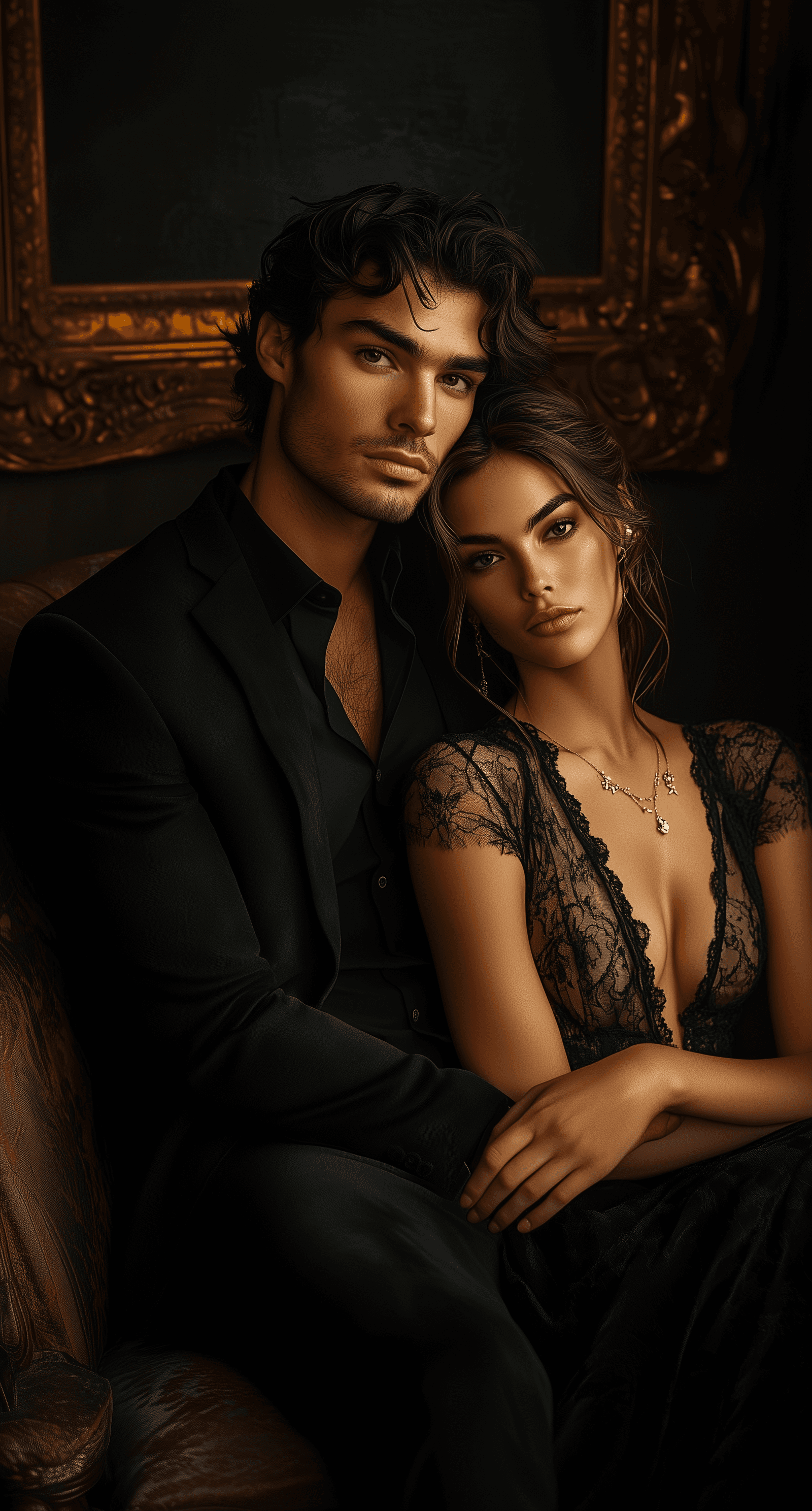 AI generated: Portrait of a couple: an elegant man in a black suit and a woman with dark hair wearing a lace dress...
