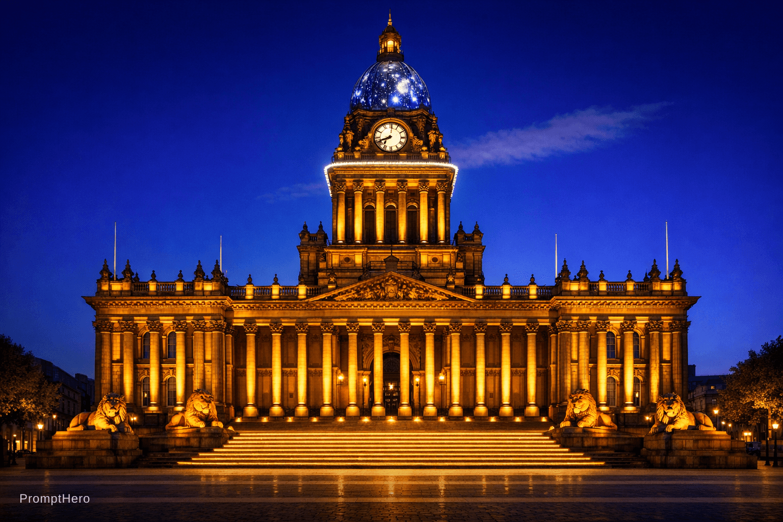 AI generated: A wide, perfectly frontal night photograph of Leeds Town Hall in its full neoclassical glory — the g...