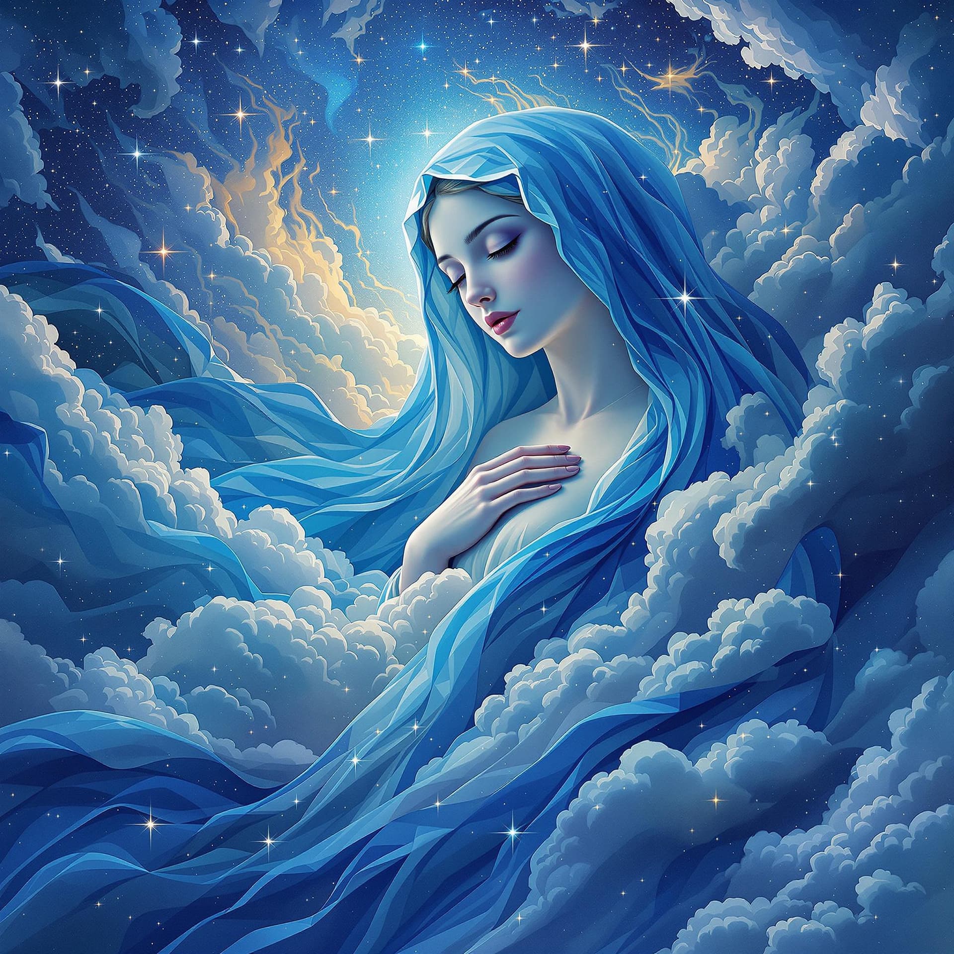 AI generated: photo illustration from a world in the clouds, in the style of Mother Mary with a blue veil, the sta...