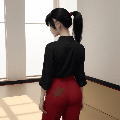 AI generated: The image depicts a stylishly dressed japanese woman in a black shirt and red pants, standing in a r...