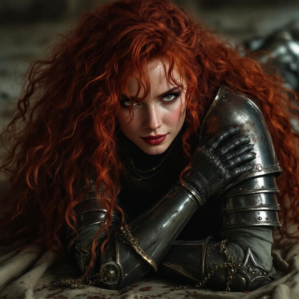 AI generated: red sonya bound and on the floor kneeling in her armor. there is a smirk of defiance on her face as ...