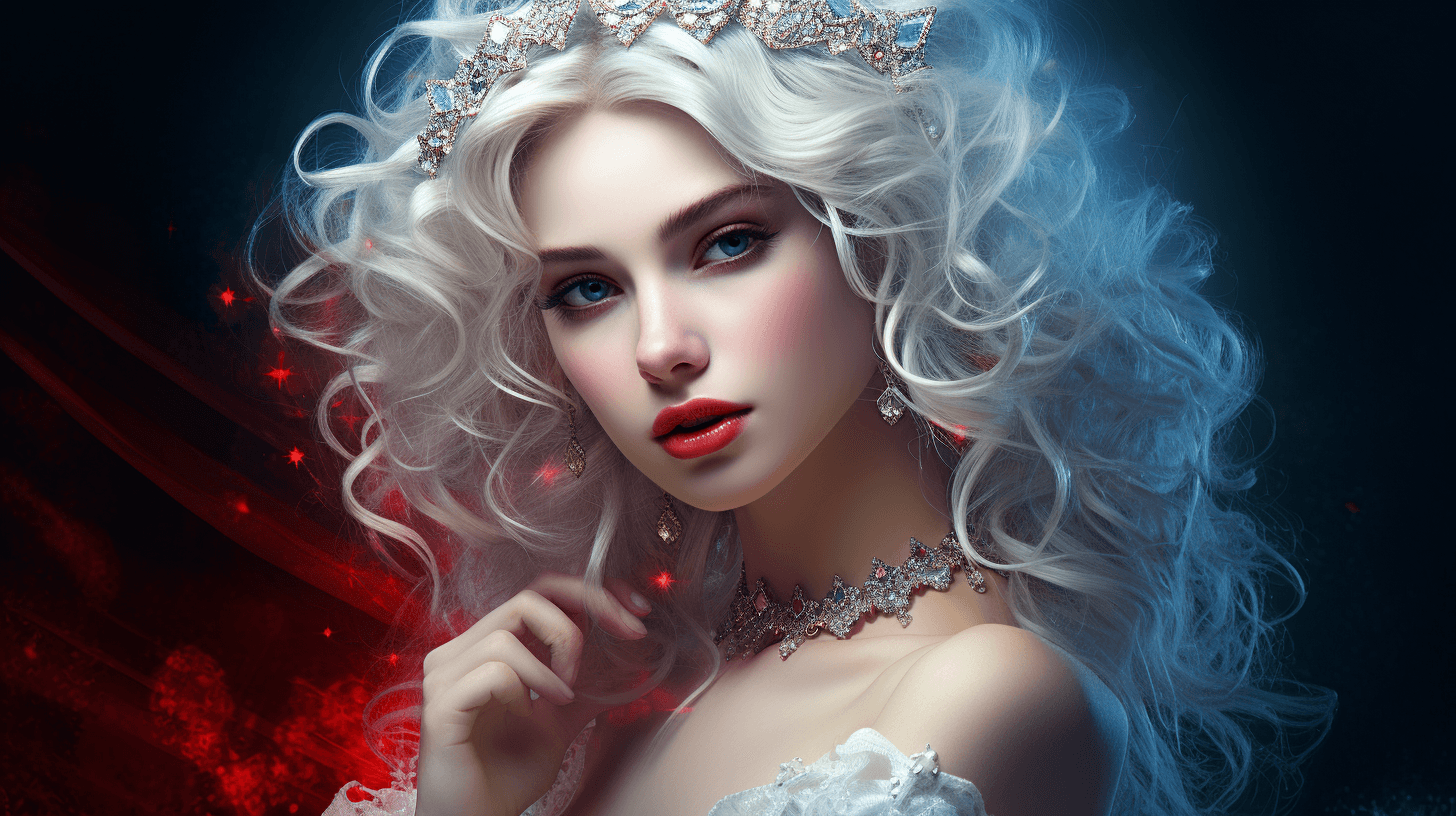 AI generated: mj, a surreal art of a beautiful lady, long curly hair, a tiara on her head, pale skin, blue eyes, w...