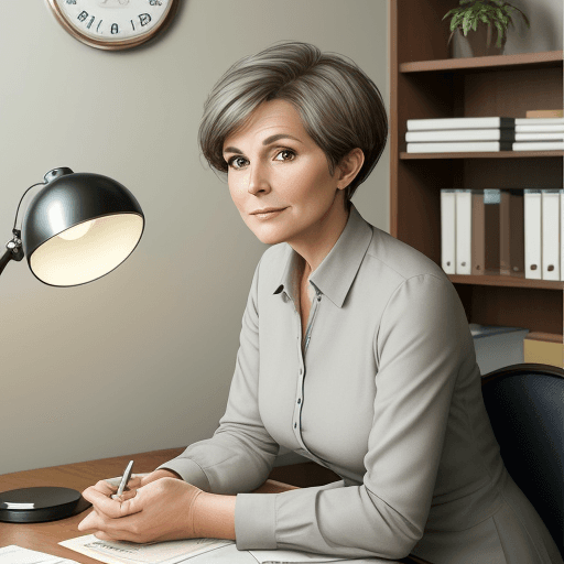 AI generated: hyper realistic photo, elegant 45-year-old woman sitting at her desk, in her personal office, round ...