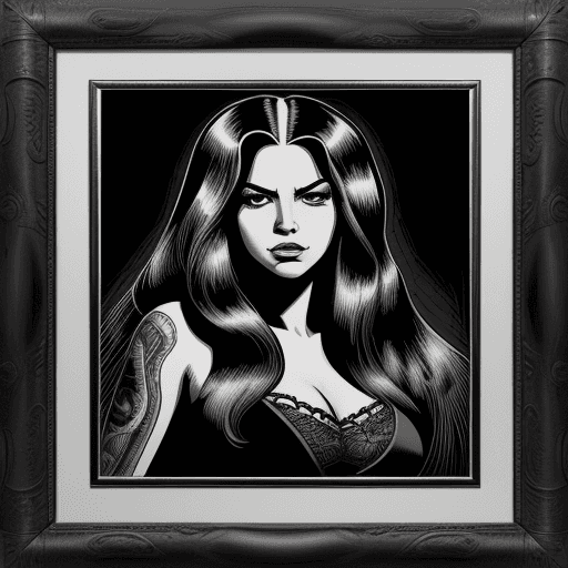 AI generated: an old framed portrait of a woman with long hair, in the style of noir comic art, hyper-detailed ill...