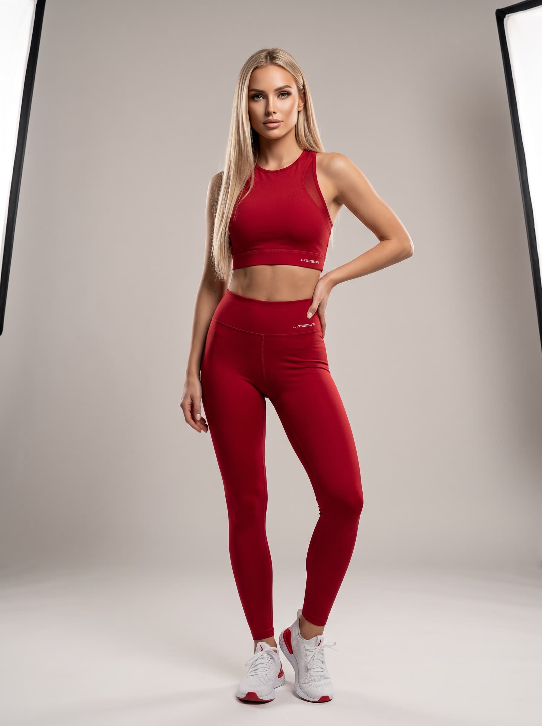 AI generated: (Nano Banana 2) A professional high-fashion studio photograph of a beautiful blonde woman with long ...