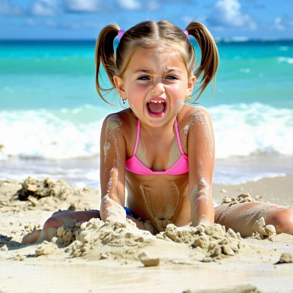 AI generated: Realistic photo, young chubby girl, pigtails, bikini, playing in beach, covered in sand, passionate ...