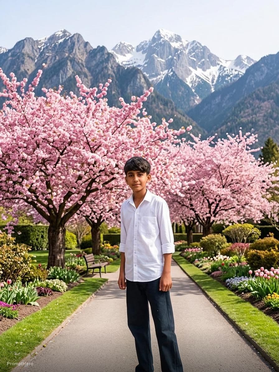 AI generated: change shirt into white and background into one pink tree and mountain
