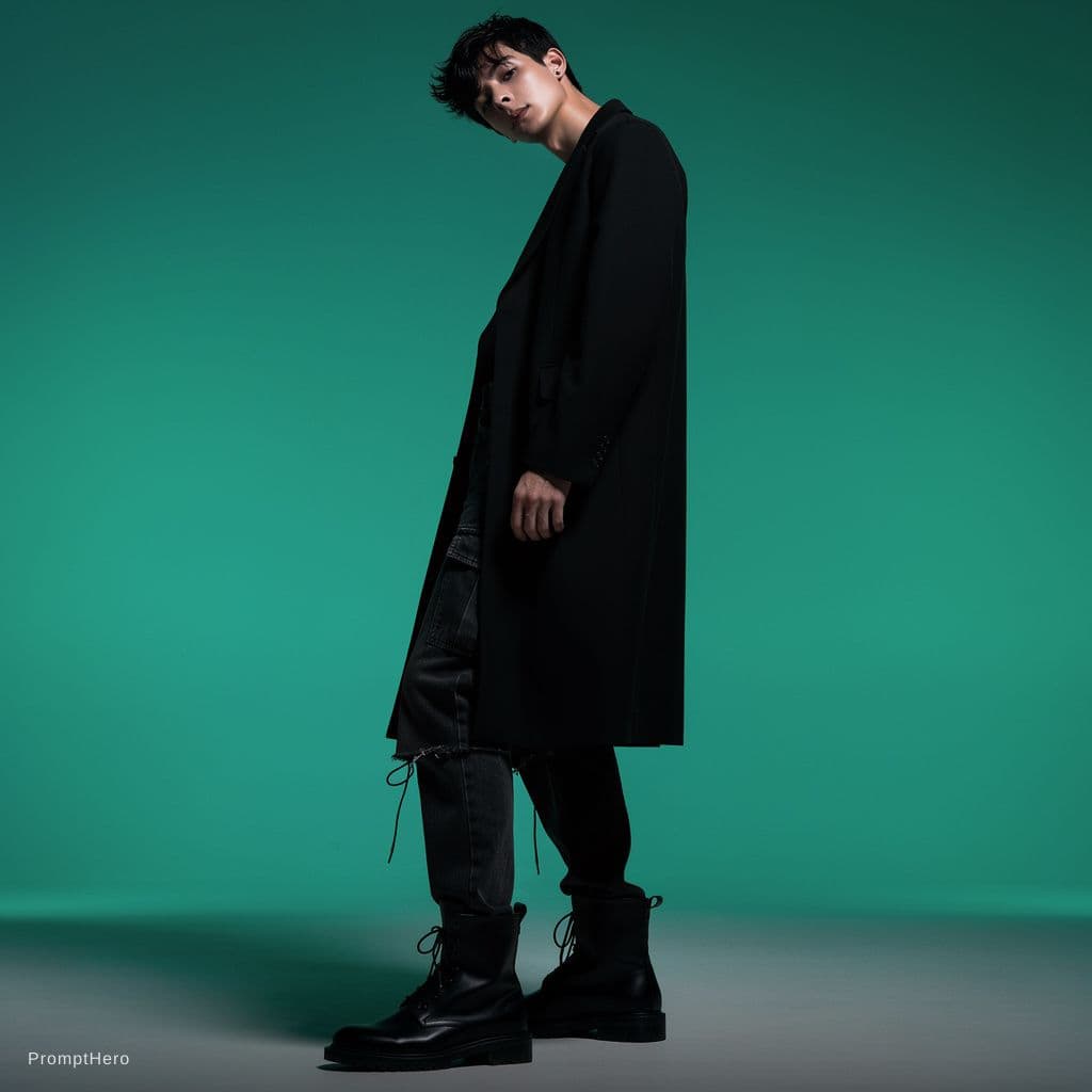 AI generated: photography, upper body, male model in dramatic side pose, leaning backwards at 15-degree angle, hea...