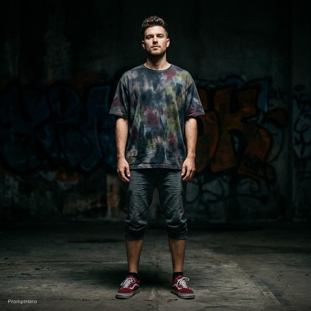 AI generated: fashion photograph, front shot, full body, male model, gaze to front, provocative stare, short styli...