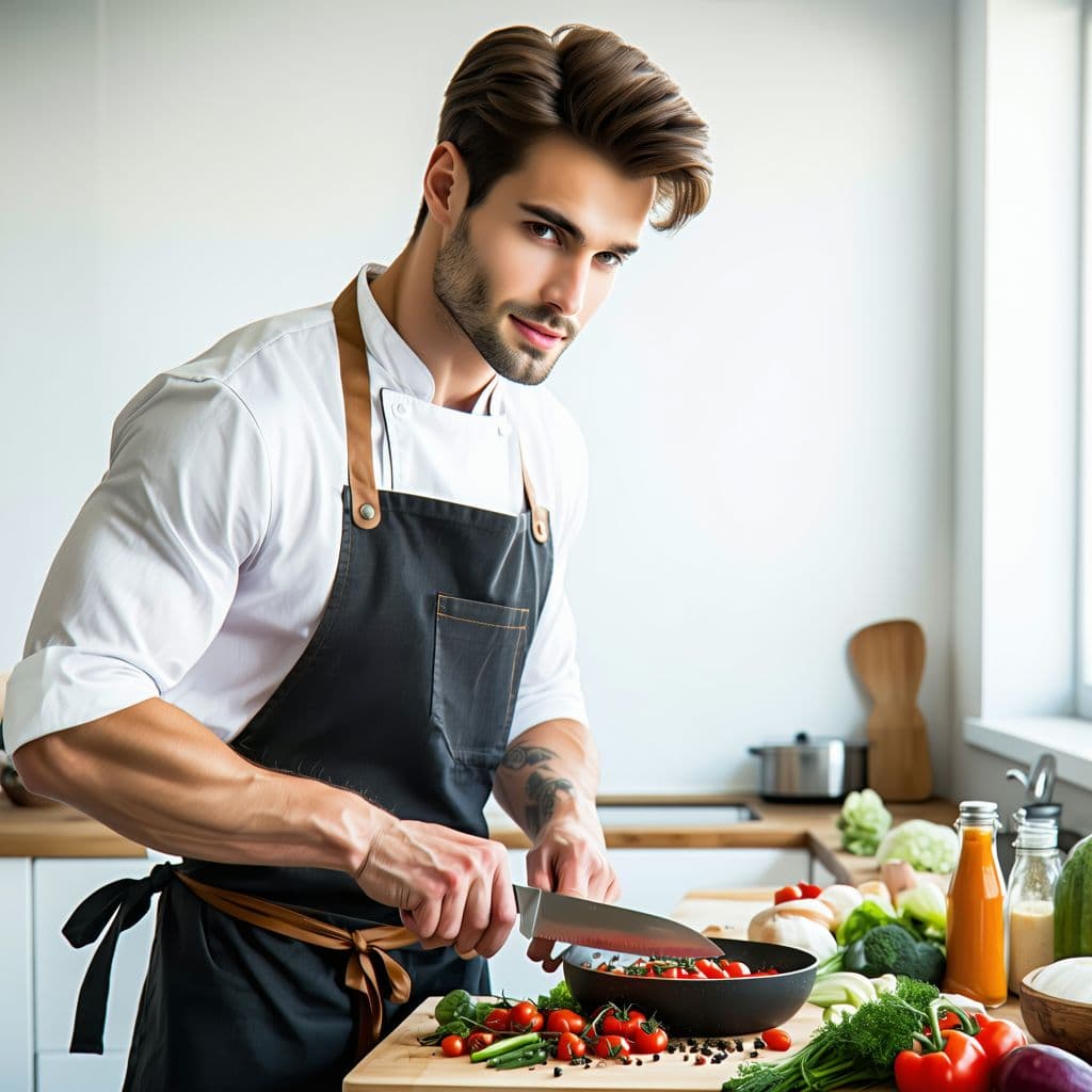 AI generated:  handsome 29-year-old European man, with chiseled features and well-groomed hair, stands in a modern...