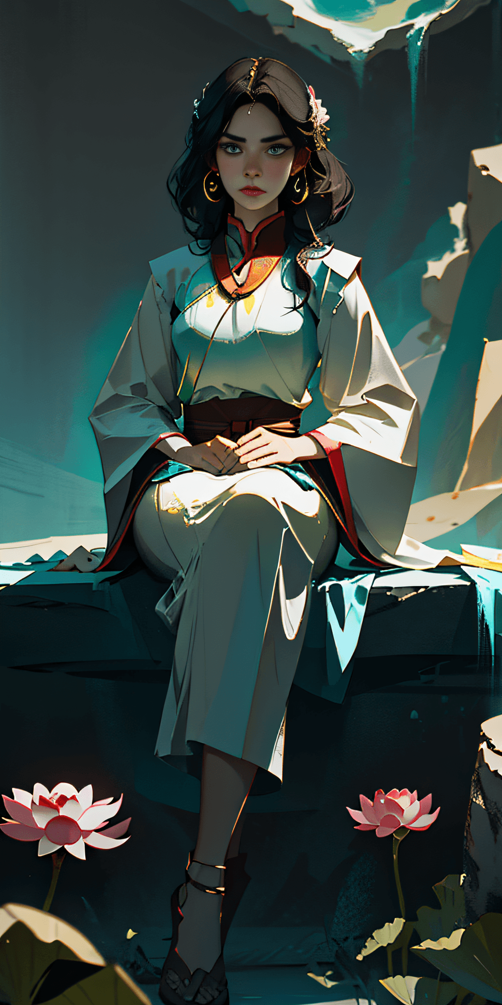 AI generated: An ancient Chinese beauty sitting on a stone, wearing ancient Chinese clothing, flowing tulle, light...