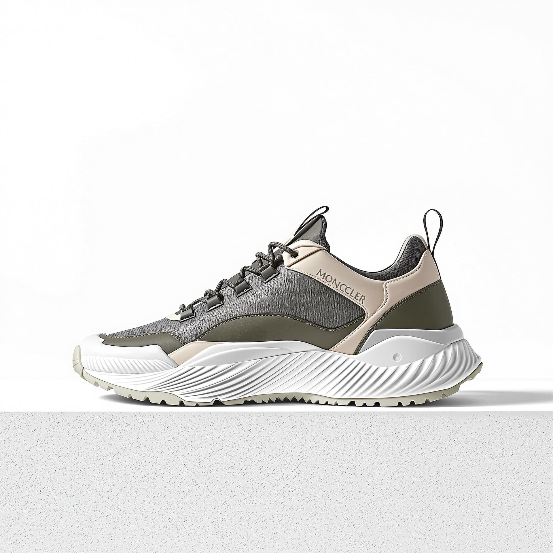 AI generated: One low sneaker packshot from the side, on a white background designed by moncler trailgrip x loewe ...