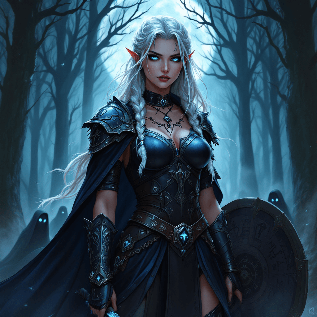 AI generated: The Valkyrie Shadowmancer: A powerful warrior with long, braided platinum blonde hair streaked with ...