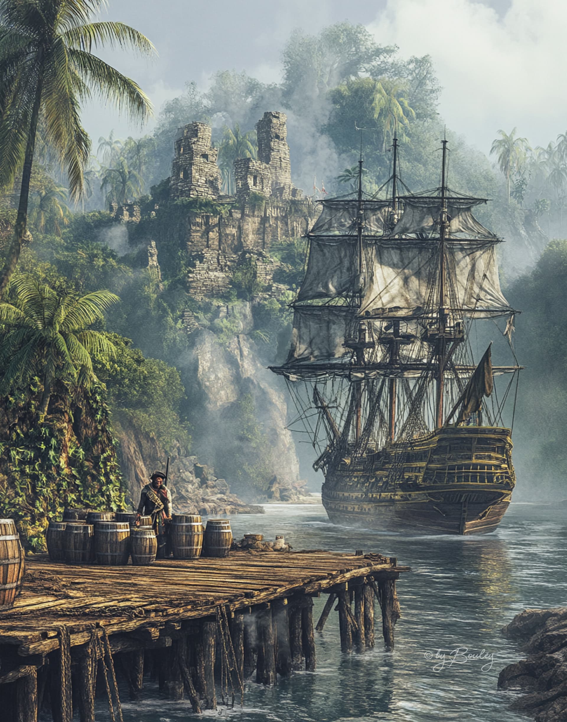 AI generated: A misty, tropical island with dense, eerie foliage. Ancient, mystical-looking stone structures parti...