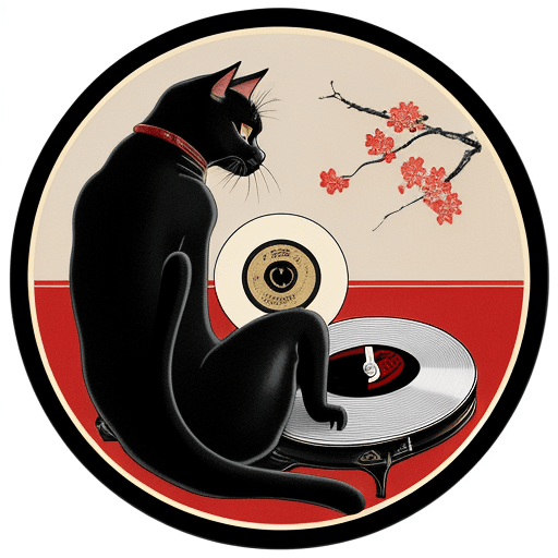 AI generated: vintage Japanese postcard, in the style of Kentaro Miura, featuring a black cat holding a vinyl reco...