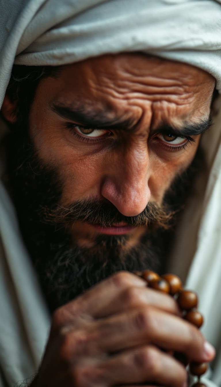 AI generated: Description: The Young Man (tan-skinned Iranian, sharp dark eyes, strong brows) with a sorrowful exp...