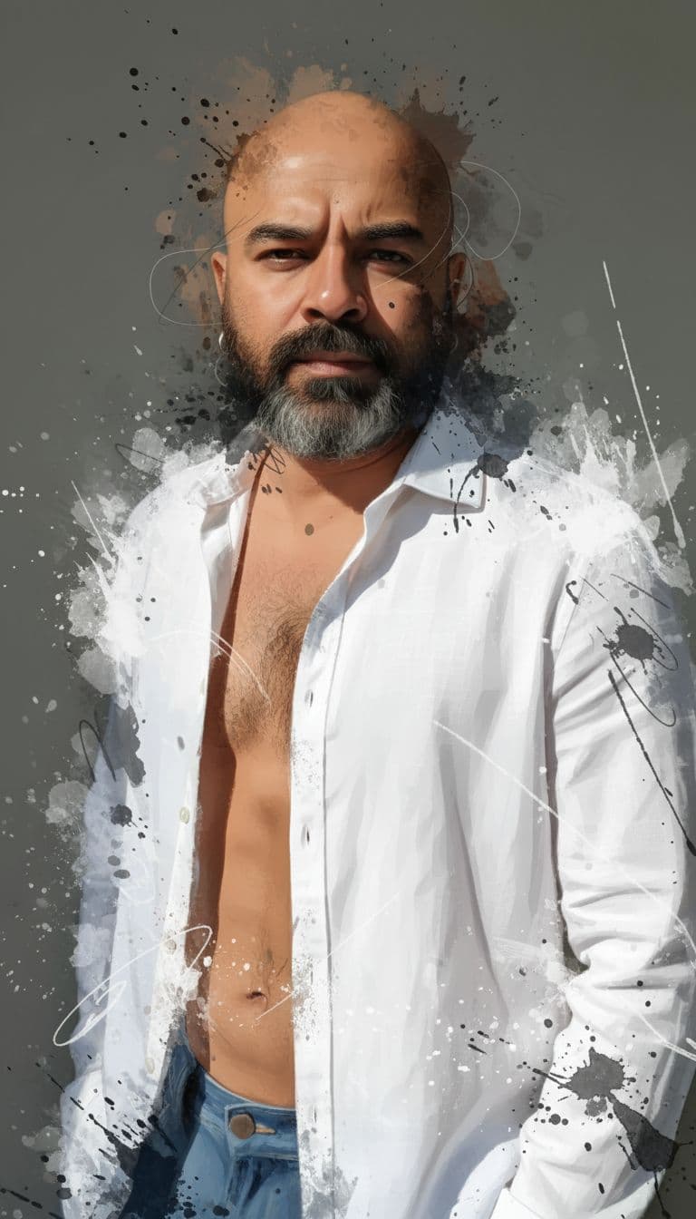 AI generated: Create a vertical 3:4 digital splashes-and-ink portrait using my photo as the subject, rendered in i...