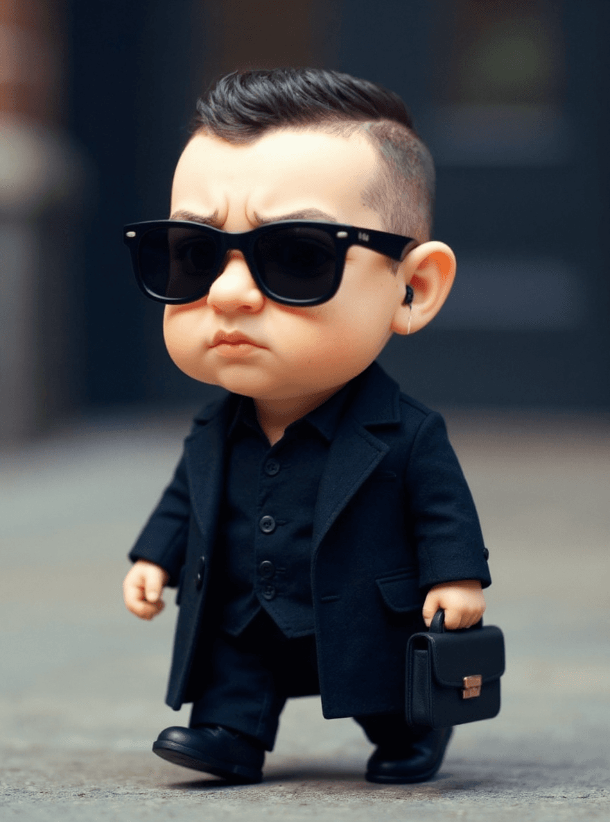 AI generated: funny caricature, tiny secret agent character, male, 2 years old, serious, determined, miniature, ex...