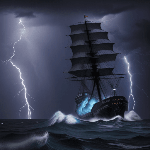 AI generated: 
Sea ship huge dark blue storm rain lightning