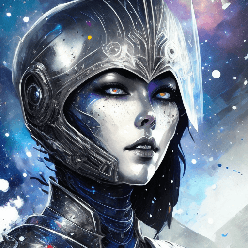 AI generated: "sinister beautiful lady knight, helmet, stellar galaxy constellations splatter, deep black indigo c...