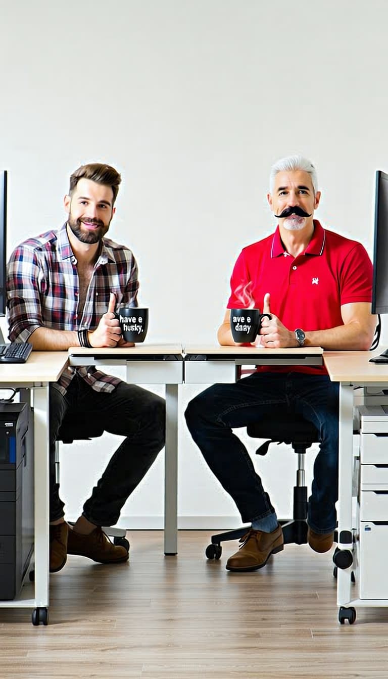 AI generated: Generate a realistic lifelike image of a small office, there are two corner desks opposite each othe...