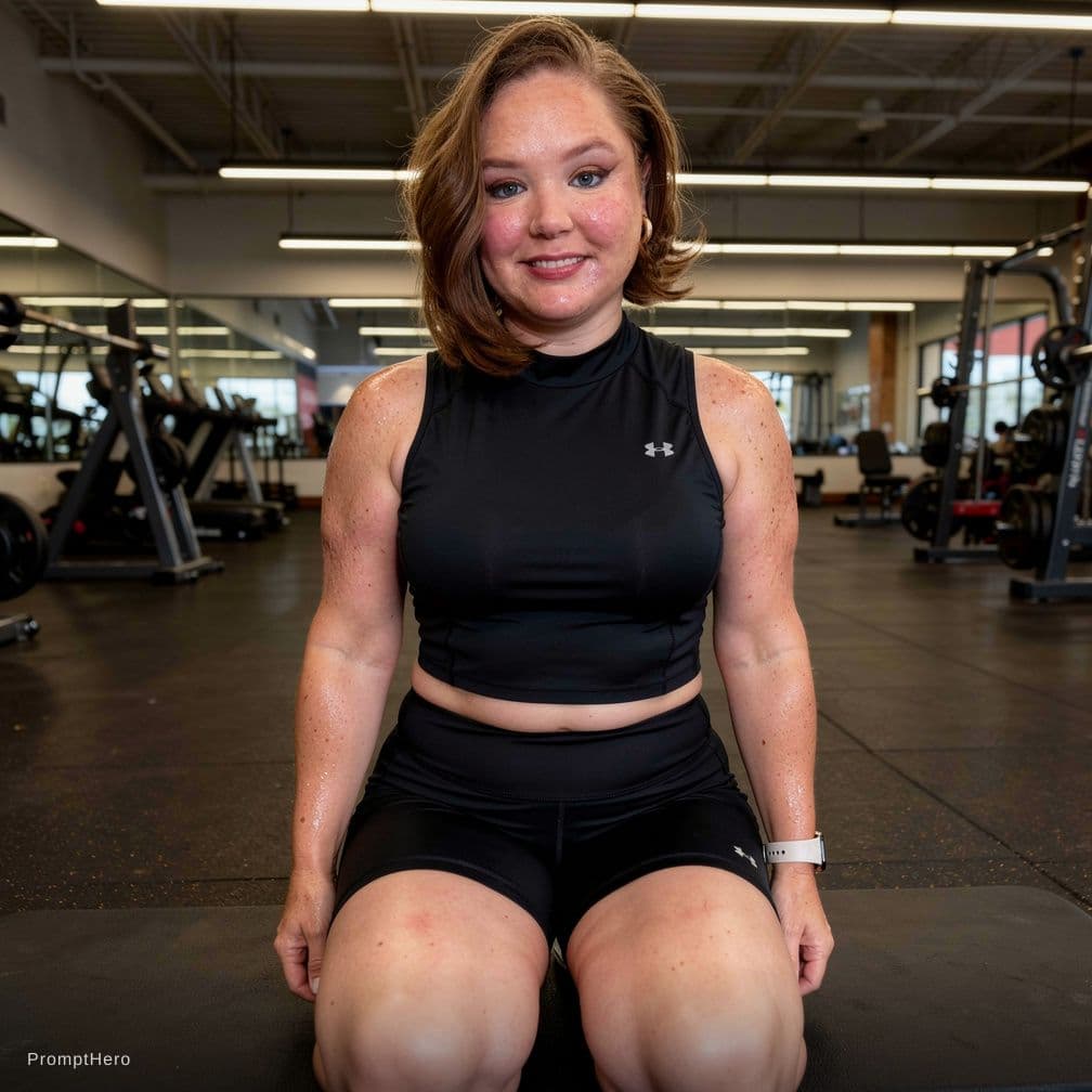 AI generated: Produce a photorealistic, candid, unplanned and sloppy gym photo of a 4'10", of the subject (average...
